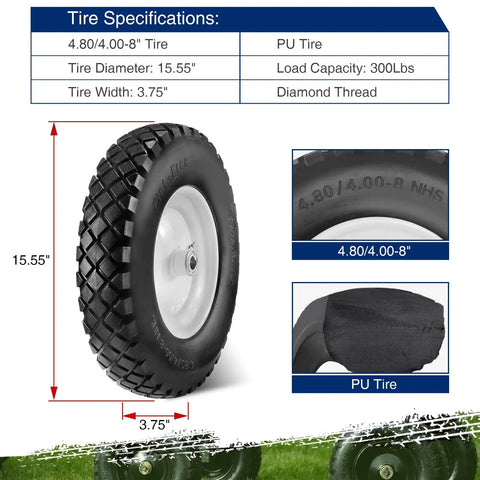 4.80/4.00-8 Flat Free Tire and Wheel With Grease Fitting, 3 Inch Centered Hub, 3/4 Inch Bearings, 300 Lb Load