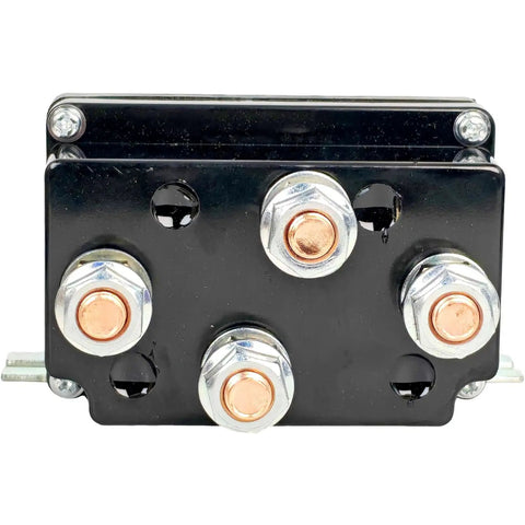 Beefed-Up 12V 500A Winch Solenoid Contactor Relay For 8000-17000Lbs ATV UTV Boat 4X4 SUV Truck Ready To Roll With Warn A2000 And Badlands 12000 3-Wire Motors 12V DC M8 Studs Heavy-Duty Power Control, front view with four M8 studs