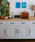 White cabinets with Dope 55 Pack 5 Inch Square Kitchen Cabinet Handles Matte Black Drawer Pulls For Cupboard Hardware installed.