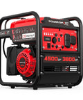 4500 Watt Portable Generator with CO Alarm and Inverter Technology, EPA Compliant, shown in red and black design for home or camping use.