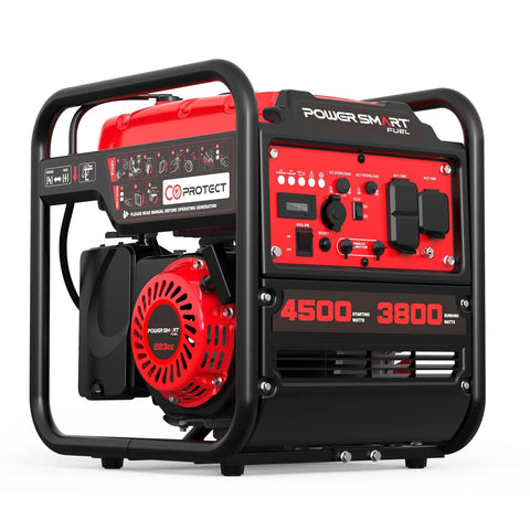 4500 Watt Portable Generator with CO Alarm and Inverter Technology, EPA Compliant, shown in red and black design for home or camping use.