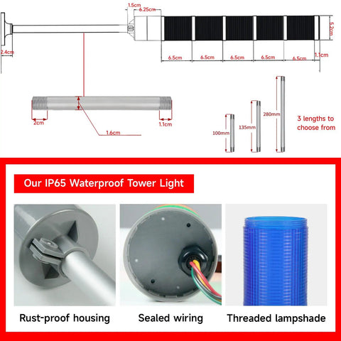 Diagram and components of Beefy IP65 Waterproof LED Stack Light With Round Bottom Base Three Layer Signal Tower In Red Yellow Green 24V DC Machine Warning Light For Industrial Equipment And Emergency Alerts