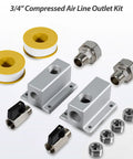 Three Quarter Inch Compressed Air Line Outlet Kit Featuring Two Anodized Aluminum Manifold Blocks Two Brass Valves Two MNPT Straight Fittings And Four NPT Plugs For Shop Or Garage Use Rated Up To Two Hundred PSI