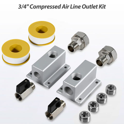Three Quarter Inch Compressed Air Line Outlet Kit Featuring Two Anodized Aluminum Manifold Blocks Two Brass Valves Two MNPT Straight Fittings And Four NPT Plugs For Shop Or Garage Use Rated Up To Two Hundred PSI