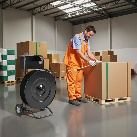 Road Ready Banding Strapping Cart For Pet And Polypropylene Coils Handles Eight Or Sixteen Inch Cores in use at warehouse.