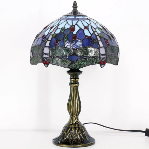 Blue Tiffany Style Dragonfly Stained Glass Table Lamp Dope Light For Bedroom Or Living Room 12 Inch Shade 18 Inch Tall