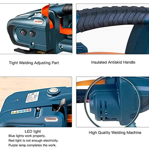 Tight welding adjustable part and insulated antiskid handle of Ready To Roll Cordless Automatic Strapping Machine.