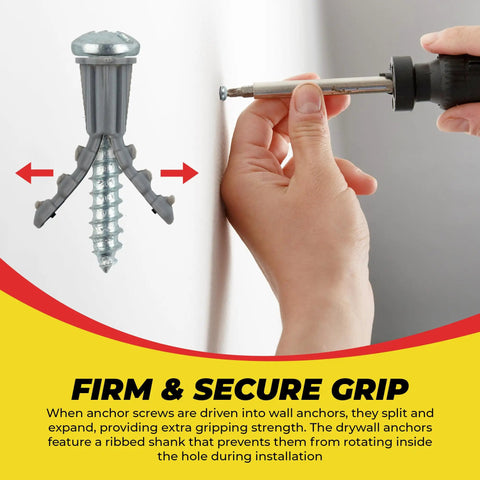 Drywall Anchors And Screws Kit With Drill Bit For Hanging Frames Shelves And Mirrors, 100 Anchors And 100 Screws, Plastic Ribbed Wall Anchors Installed