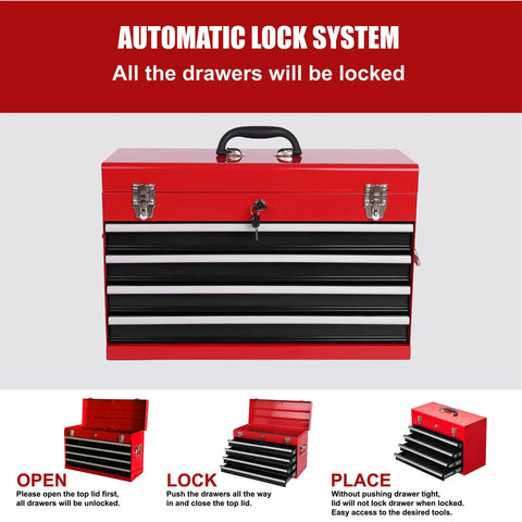 Badass 4 Drawer Tool Chest 21 Inch Steel Portable Toolbox with automatic lock system and hand carry grip.