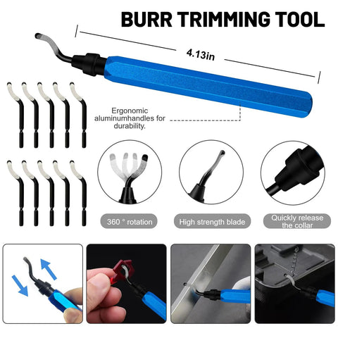 3D printer burr-trimming tool with blue handle and multiple curved deburring bits; quick-release collar and 360° rotation.