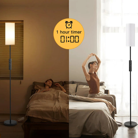 Tall Minimalist Floor Lamp for Living Room and Office With White Fabric Lampshade contrasting day and night settings