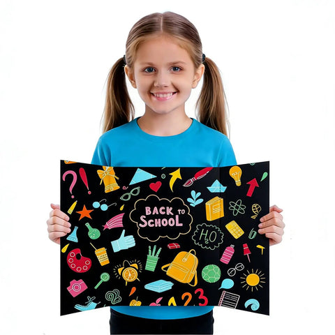 Girl holding back-to-school themed black trifold display board with colorful icons
