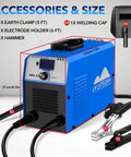Dual Voltage 110V/220V MMA Welder With IGBT Inverter, Portable Arc Welder, and accessories shown with dimensions.
