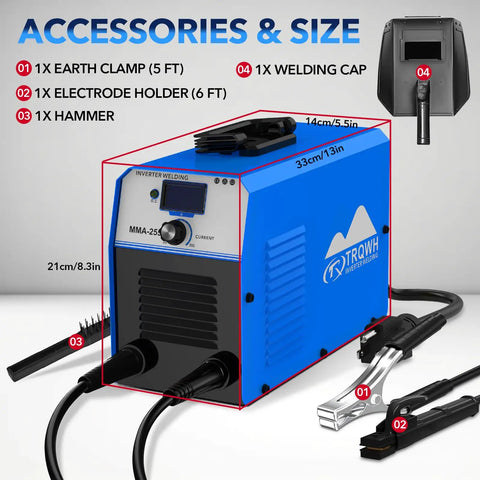 Dual Voltage 110V/220V MMA Welder With IGBT Inverter, Portable Arc Welder, and accessories shown with dimensions.