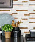 Kitchen scene with Peel And Stick Backsplash Tiles 10 Sheets Real Texture Marble White Copper Look Subway Style Aluminum PVC Wall Tiles.