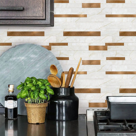 Kitchen scene with Peel And Stick Backsplash Tiles 10 Sheets Real Texture Marble White Copper Look Subway Style Aluminum PVC Wall Tiles.