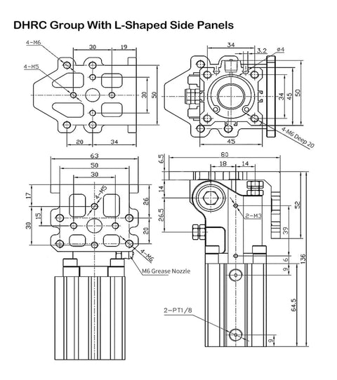 DHRC Group with L-Shaped Side Panels technical drawing showing dimensions for pneumatic manipulator installation.