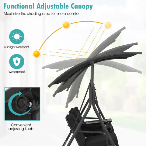 Functional adjustable canopy for Two Person Outdoor Porch Swing With Canopy, Storage Table, Cooler Bag, And Cup Holders, Black