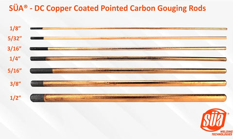 Heavy Duty Copper Coated Carbon Gouging Rods For Arc Metal Removal With Pointed Tips in various diameters on display