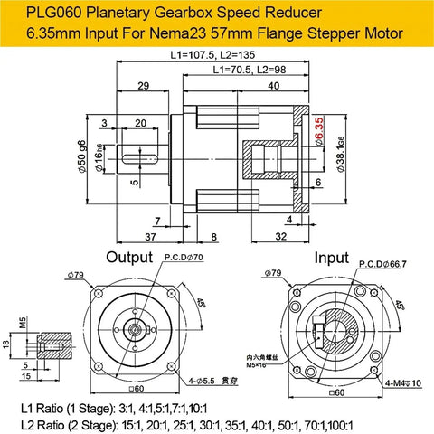 Heavy Duty Helical Gear Reducer Box For Nema 17 23 34 Stepper Motors And Flange Servos With 35Mm Input Shaft 20 To 1 Ratio dimensions and design diagram