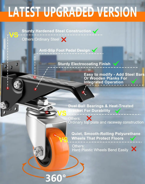 Image of 3 Inch Retractable Caster Wheels Set Of 4 Heavy Duty 800 Lb Capacity No Noise Polyurethane Swivel Casters showcasing steel construction and dual ball bearings.