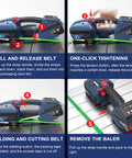 Heavy Duty Electric Strapping Gun Featuring Dual 4000mAh Batteries For Half To Five Eighth Inch PP PET Plastic Bands Locks Packages showing operation steps