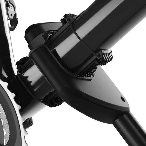 Carbon Frame Protector For Bikes Black All Round Fit Adjustable With Soft TPE Liner securing a bike frame on a rack close-up.
