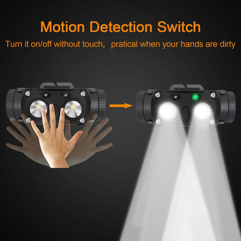 Person using motion sensor feature on Rechargeable 1000 Lumen Metal Headlamp With Motion Sensor, Dual Powered By Rechargeable Battery Or AAA.