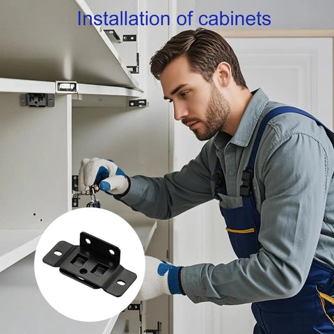 Man installing cabinet with Heavy Duty Stainless Steel Corner Brackets For Wood Furniture L Shape Joint Braces Black Set Of 16 Built Tough