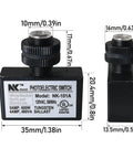 Outdoor Photoelectric Switch Auto Lights No Fuss Dusk To Dawn Sensor, weatherproof, black, dimensions marked on side and front view.