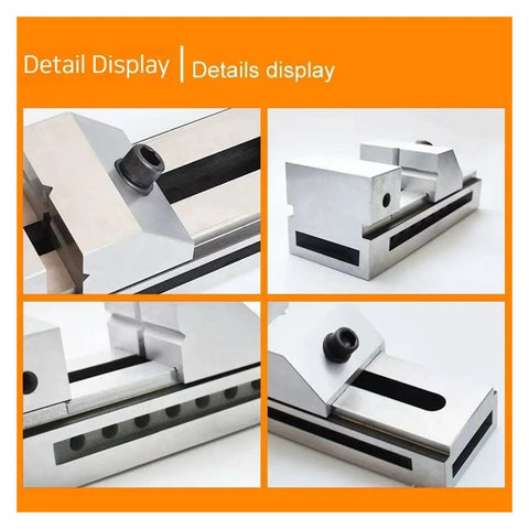 Pro Grade High Precision Quick Acting Milling Vise With Flat Jaws For Grinding And Milling Fixtures Adjustable Jaw Width From 2 In To 2.5 In Easy Clamp For Small To Large Parts Suitable For Hardware Stores. close-up on aluminum vise jaw and slide bar