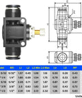 Side view of Tailonz SCF-1/4 pneumatic flow control valve with push-to-connect fitting; black body, brass port