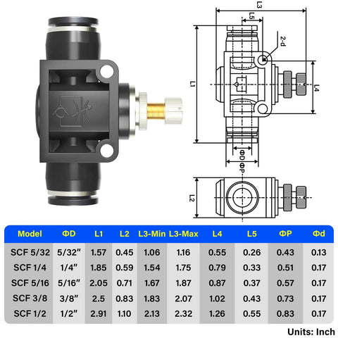 Adjustable Air Flow Control Valve With Plug And Play Fittings For Smooth Pneumatic Cylinder Speed Regulation And No Hassle In Line Setup 1/2 Inch Tube Od Black Finish