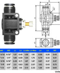 Technical illustration of Inline Pneumatic Air Flow Control Valve With Push To Connect Fittings For Low Speed Cylinders Pack Of Five