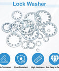 Three Quarter Inch Internal Tooth Lock Washer Set, 304 Stainless Steel Multi Tooth Star Washer Locking Fasteners, Silver Tone, 5 Pack displayed with features like anti-corrosion and high hardness