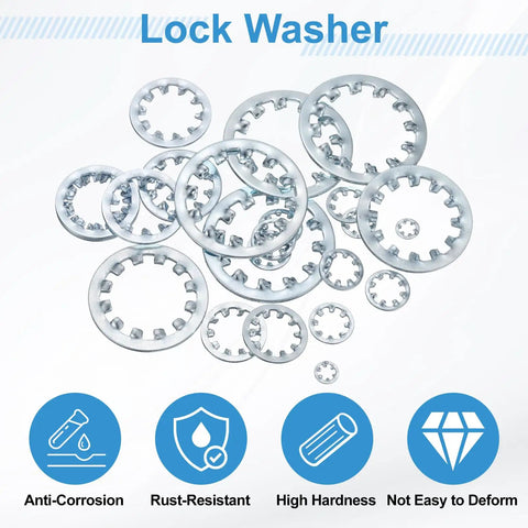 Three Quarter Inch Internal Tooth Lock Washer Set, 304 Stainless Steel Multi Tooth Star Washer Locking Fasteners, Silver Tone, 5 Pack displayed with features like anti-corrosion and high hardness