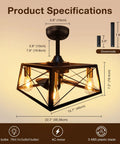 Product specifications for Enclosed Caged Square Ceiling Fan With Retro Industrial Metal Cage, Low Profile Flush Mount, Black Finish