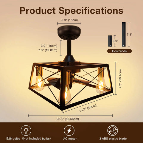 Product specifications for Enclosed Caged Square Ceiling Fan With Retro Industrial Metal Cage, Low Profile Flush Mount, Black Finish
