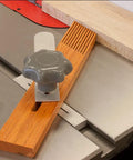 Heavy Duty Wooden Featherboard For Table Saws with gray twist handle, hardwood base clamped on table saw for stability.
