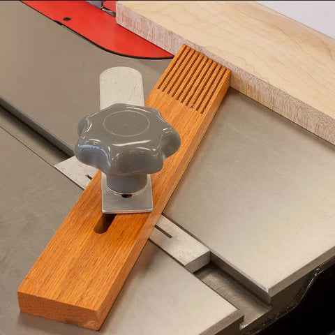 Heavy Duty Wooden Featherboard For Table Saws with gray twist handle, hardwood base clamped on table saw for stability.