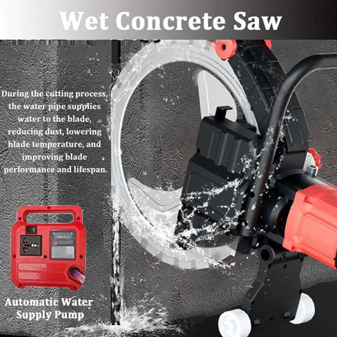 Heavy Duty Electric Concrete Saw Handheld Circular Cutter With Inline Water Mist System Eight Kilowatt Wall Grooving Machine For Brick And Rebar Delivers Blistering Speeds With Zero Mess Or Hassle Jobsite Wide, showcasing automatic water supply.