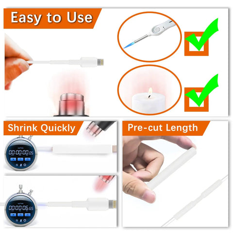 Heat Shrink Tubing Kit For Diy Cable Repair With Adhesive Lined White Tubing Shrink Ratio 3 To 1 Sizes 1/4 Inch 5/16 Inch 3/8 Inch Waterproof Wire Protector For Phone Cables And Electrical Wiring shown being used with a lighter and hairdryer and features stopwatch timing, pre-cut length, wrapping hot flame, and electrical wire.