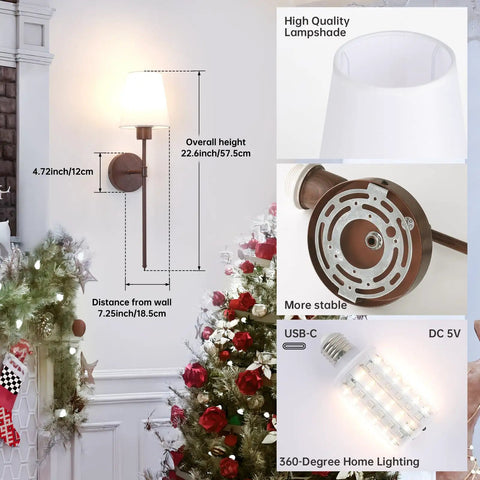Ditch Old Fixtures For This Pack Of 2 Battery Powered Wall Sconces Boasting A Heavy Duty Iron Frame And Rich Walnut Trim With Seamless Dimming And A Massive 6000 Mah Battery For A Smooth Chill Glow Anywhere showcasing dimensions and lights.