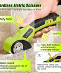 Heavy Duty Cordless Electric Scissors 4v Rechargeable Rotary Cutter With Self Sharpening Blades For Cardboard Fabric Leather Plastic Carpet Cutting Multipurpose Tool LED Safety Lock in use with safety lock and blade guard.