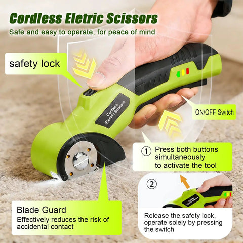 Heavy Duty Cordless Electric Scissors 4v Rechargeable Rotary Cutter With Self Sharpening Blades For Cardboard Fabric Leather Plastic Carpet Cutting Multipurpose Tool LED Safety Lock in use with safety lock and blade guard.