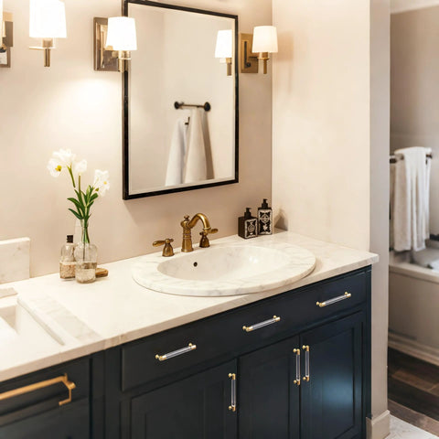 Brass And Clear Acrylic Kitchen Cabinet Pulls 7 Inch installed on black bathroom vanity with gold accents and marble countertop