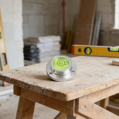 Small Horizontal Bubble Level on a wooden workbench, with high sensitivity vial and metal flange design.