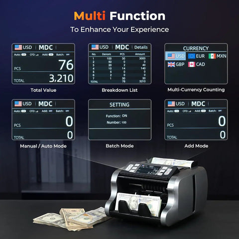 Mixed Denomination Money Counter For Businesses With Multi Currency Support And Value Counting That Counts Fast Like A Boss display