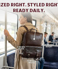 Woman on train wearing genuine burgundy leather laptop backpack for work and travel on the go, 15.6 inch pro grade office bag.