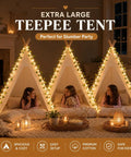 Cozy setup of XXL Teepee Tent for Adults and Kids with vine LED lights in a slumber party setting, featuring cotton canvas and decor.